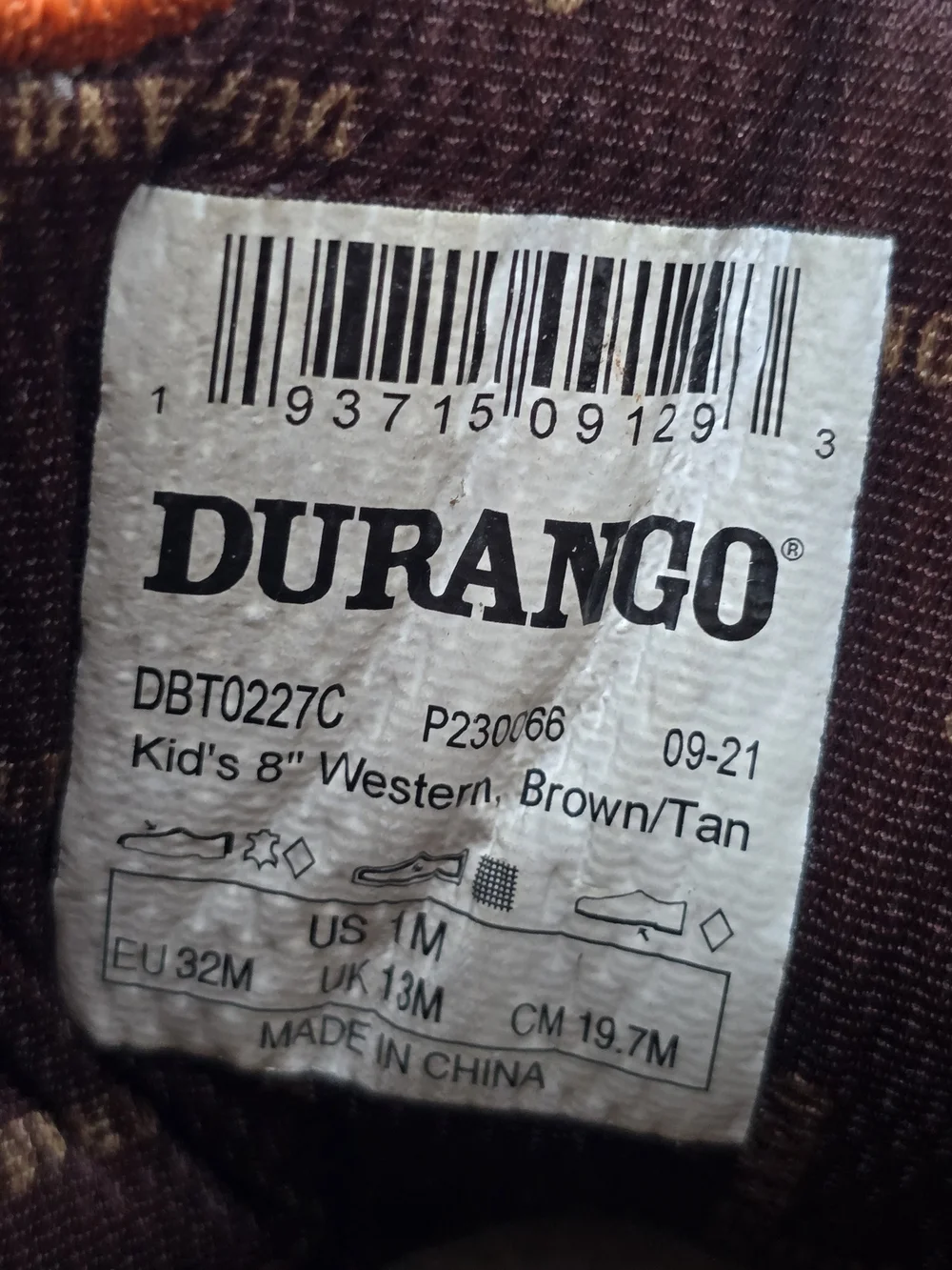 Durango Brown Kids Western Boots with Orange Pull Holes Size 1M